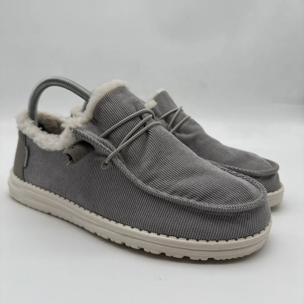 Hey Dude Wendy Corduroy Grey Womens Size 9 Comfort Shoes Faux Fur Lined Slip On